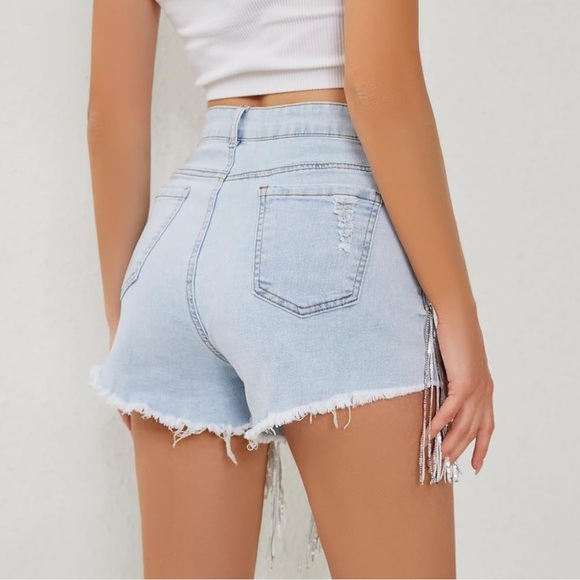 Women's High Waist Denim Short Sequin Rhinestone Pearl Beaded Fringe tassel - Picture 7 of 13
